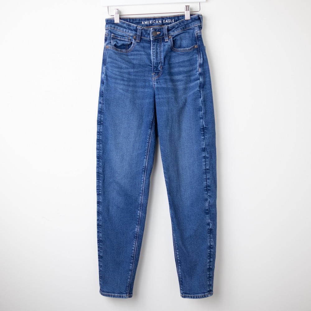 American Eagle Mom Jeans Womens 4 Long Blue Stretch High Rise Tapered Denim